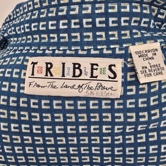 Vintage Tribes From the Land of the Brave Teal Button Front Short Sleeve Shirt L - Picture 4 of 7